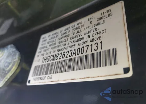 2003 Honda Accord 3.0 Ex from USA, damaged, VIN 1HGCM82623A007131